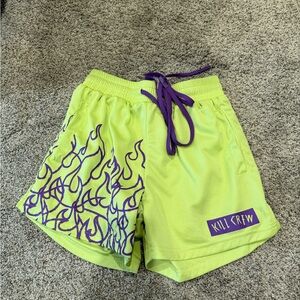 Kill Crew Green and Purple Athletic Shorts with Flame Design